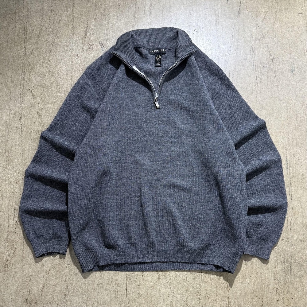 Structure Sweater Mens Large Gray 1/4 Zip Mock Neck Wool Knit Pullover Casual